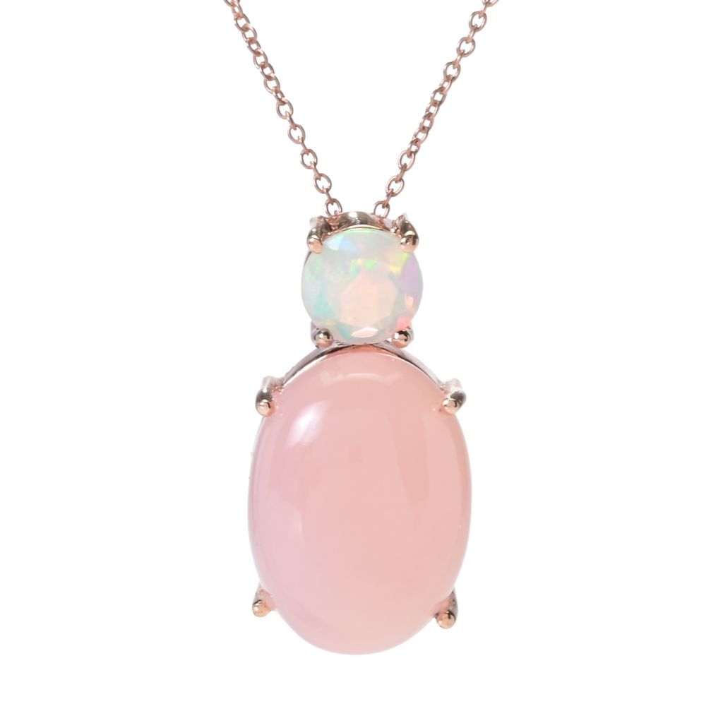 Rose Gold Plated 18x13mm Oval Pink Chalcedony & Ethiopian Opal Pendant w/ Chain