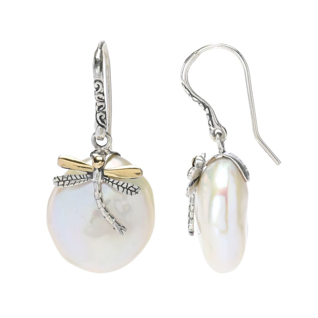 Artisan Silver by Samuel B. 18K Gold Accented Dragonfly Baroque Pearl Earrings