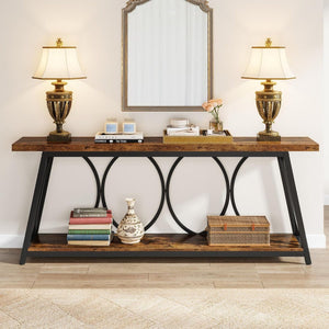Extra Long Console Table With 2 Tier Storage Shelves For Living Entryway - Brown / Black