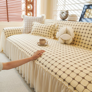 Grid Textured Sofa Cover with Sheer Ruffle Skirt, Pet-Friendly Sofa Throw Slipcover