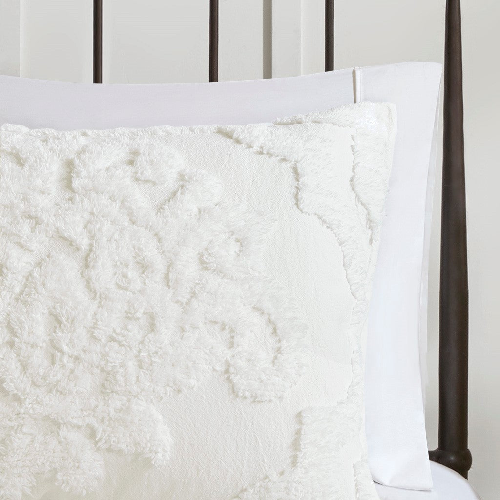 King/Cal King 3 Piece Tufted Cotton Chenille Damask Duvet Cover Set - Off-White
