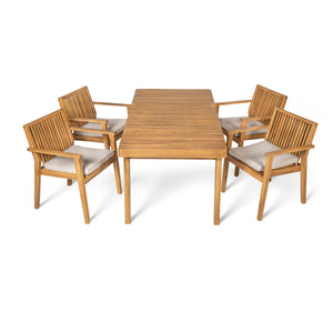 5 Piece Patio Furniture Set Acacia Wood Table and 4 Heavy Duty Cushioned Chairs