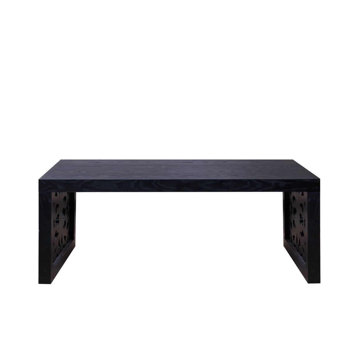 47.2' Solid Black Carved Wood Coffee Table – Handcrafted Look with Ornate Side Panels