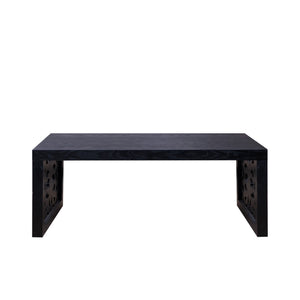 47.2' Solid Black Carved Wood Coffee Table – Handcrafted Look with Ornate Side Panels