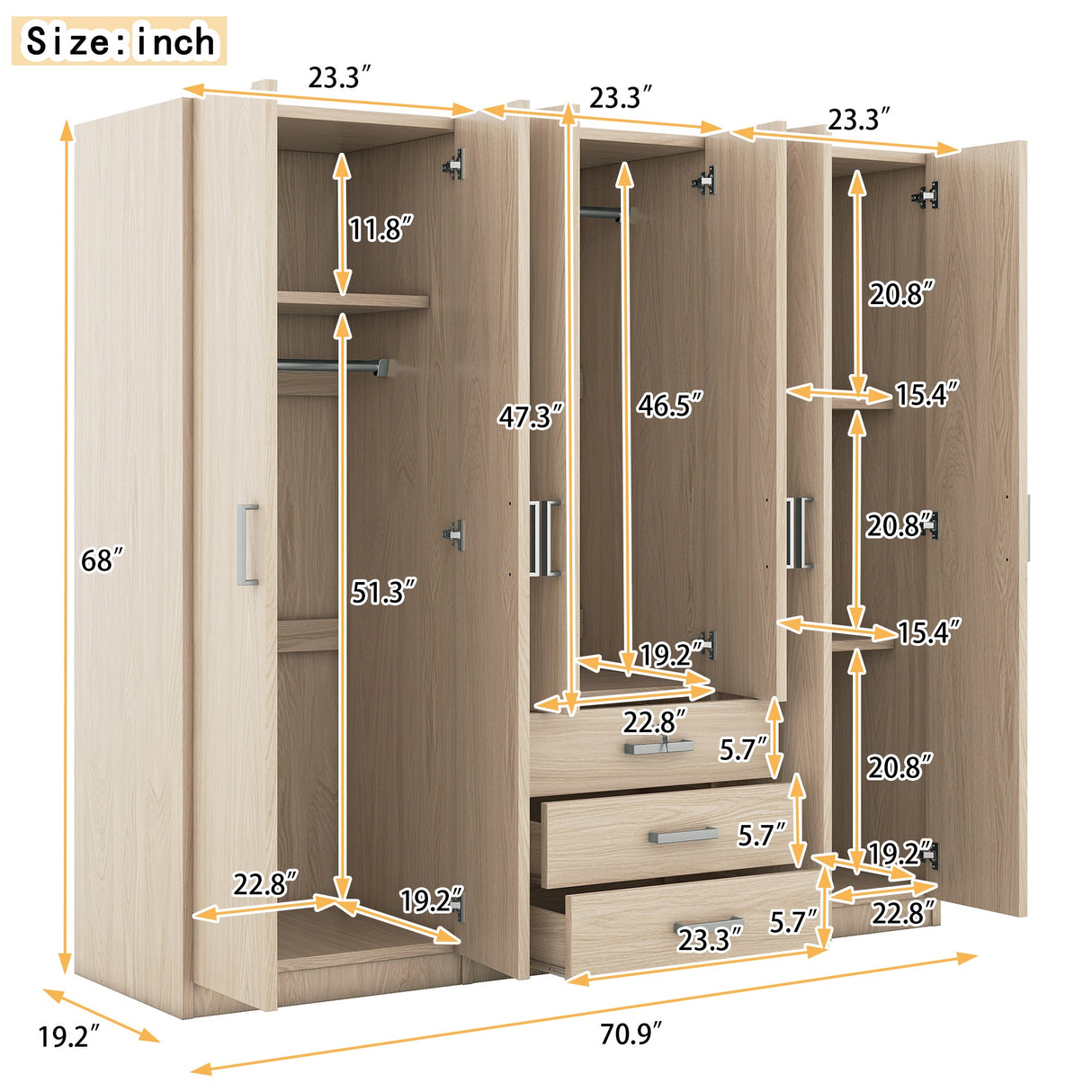 6-Doors Wooden Wardrobe Storage for Bedroom