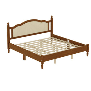 King Size Wooden Platform Bed with Rattan Headboard