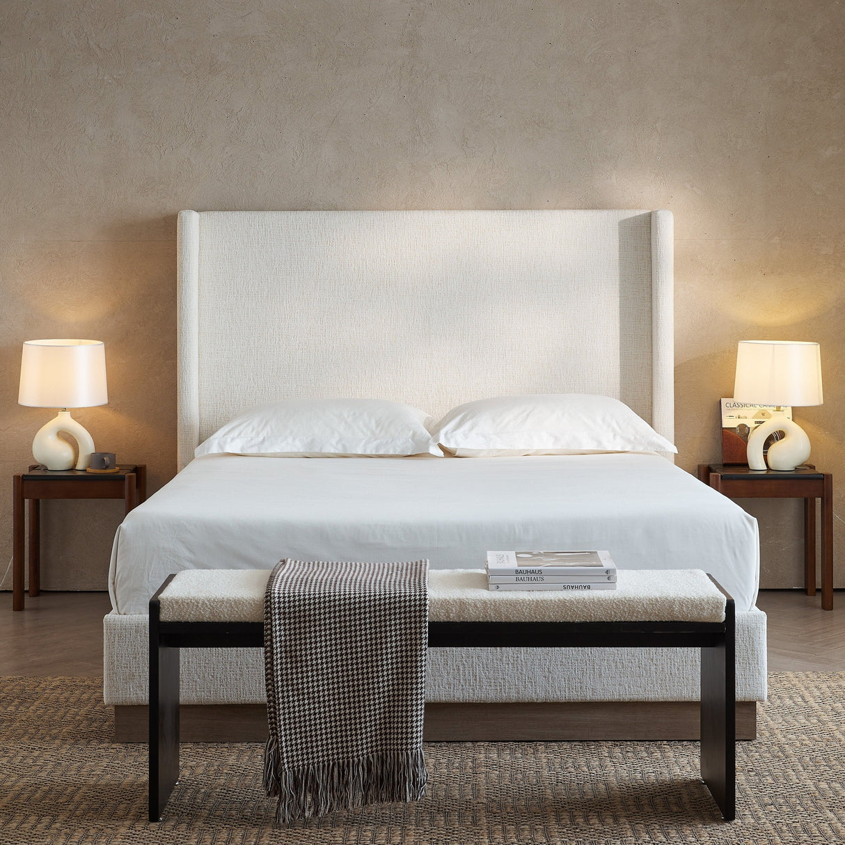 Hosford Upholstered Wingback Bed with Wood Base Platform