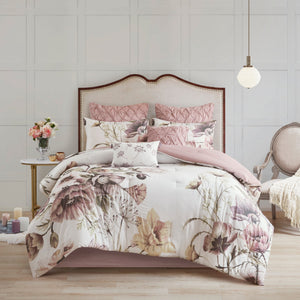 8 Piece Cotton Printed Comforter Set Blush Queen