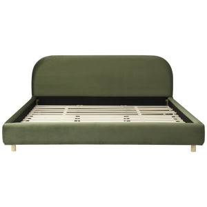 California King Size Upholstered Bed Frame With Velvet Fabric And Curve Design Thick Headboard, Solid Wood Legs, Olive