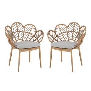 Kirk - Outdoor Wicker Peacock Shape Papasan Style Chair, Teak Finished Leg (Set of 2) - Beige / Light Brown / Light Teak