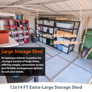 12×14 ft Outdoor Metal Storage Shed with Lockable Double Doors - Gray
