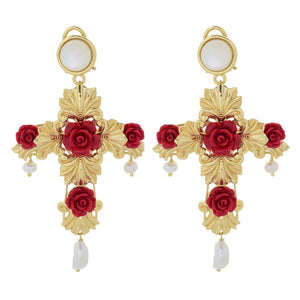Graziella 23K Gold Plated Carved Rose Cross & Cultured Pearl Drop Earrings