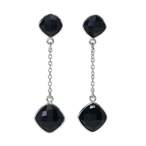 Elemental Gems Platinum Plated Cushion Shape Black Onyx Dangle Earrings