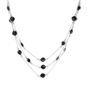 Elemental Gems 7mm Black Onyx Station 3-Row Layered Necklace