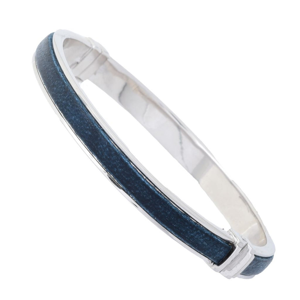 Sorrento Italian Silver Genuine Leather Inset Hinged Bangle Bracelet