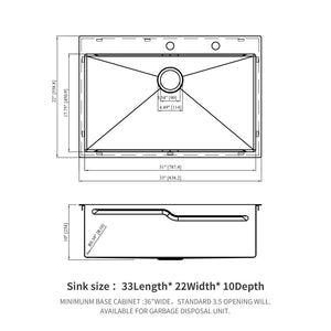 33 x 22 inches Brushed Nickel 33' Drop in Kitchen Sink with Ledge Workstation, Single Bowl, 16 Gauge Stainless Steel