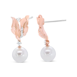 14K Rose Gold 1/6 Cttw Round Diamond and 8mm Round Pearl Floral Drop Stud Earrings (H-I Color, I1-I2 Clarity)