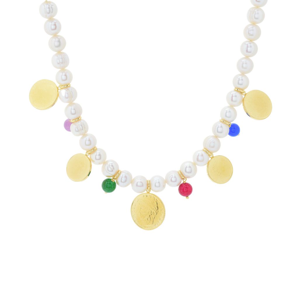 Toscana Italiana Dyed Quartz & Genuine Lira Coin Cultured Pearl Necklace