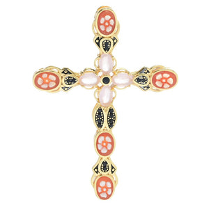 Cameo Italiano "Sacred" Floral Shell Cameo & Simulated Gem Cross Pendant