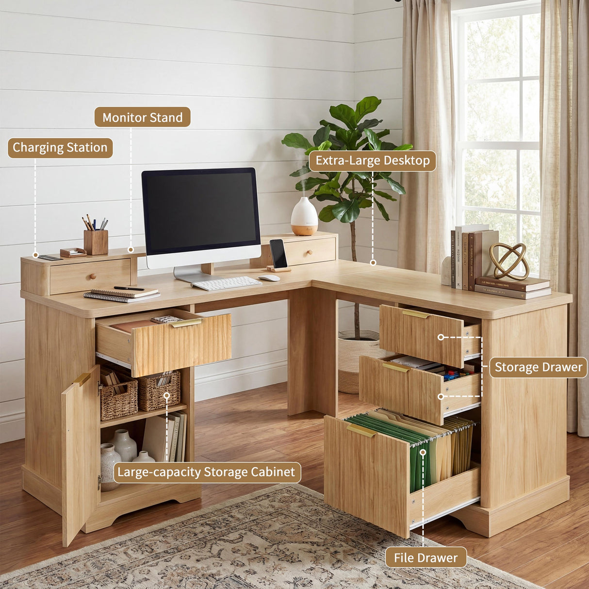 59" Modern Fluted L-Shaped Desk with Charging Station & Storage