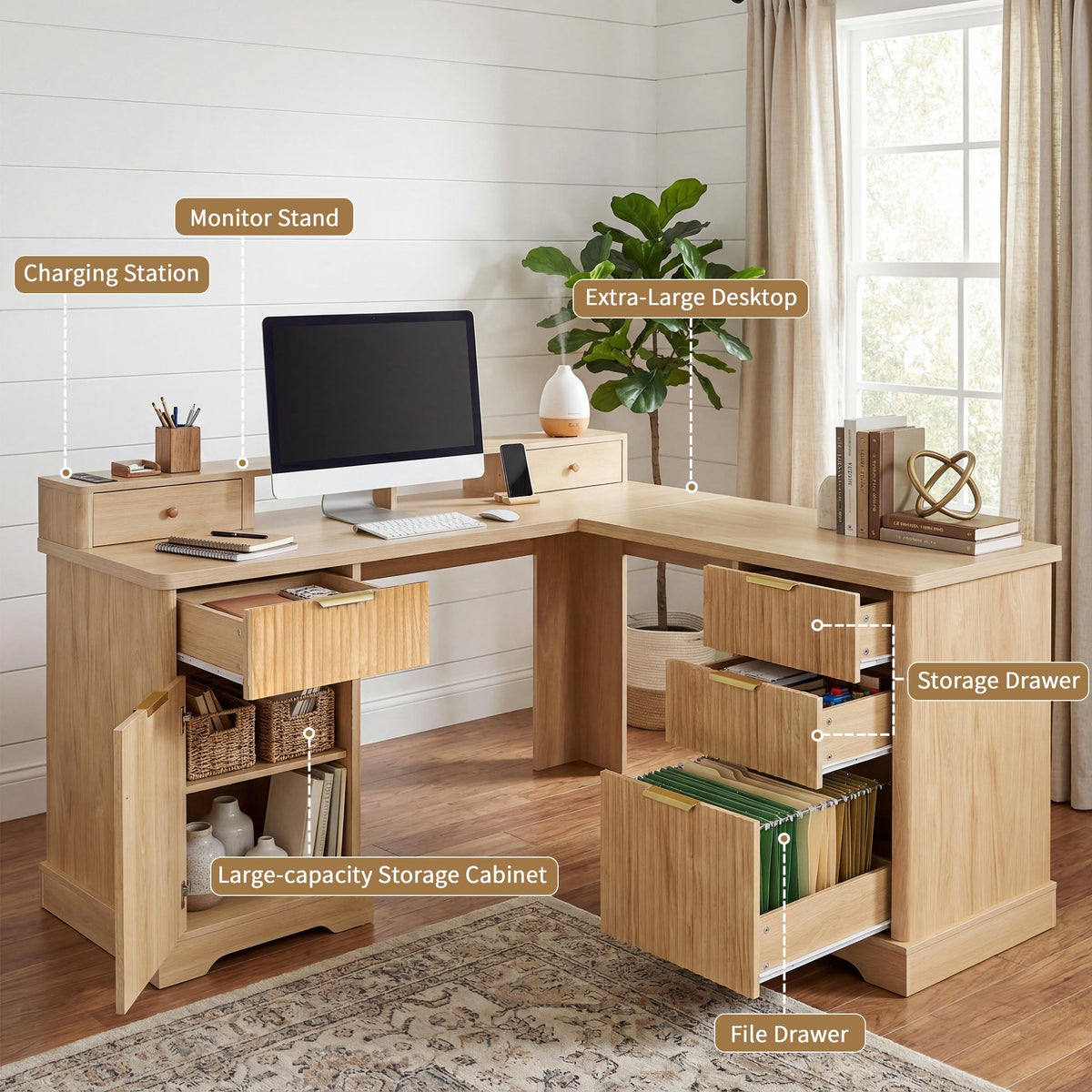 59" Modern Fluted L-Shaped Desk with Charging Station & Storage