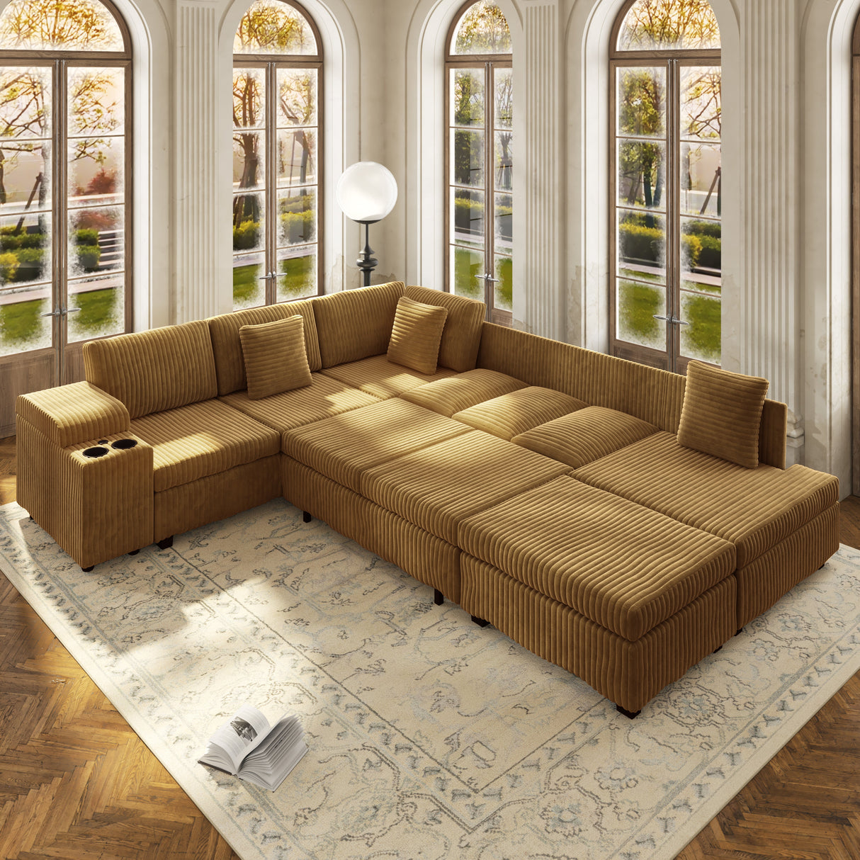 110.2" L-Shaped Sectional Sofa Set with Removable Ottoman in Camel