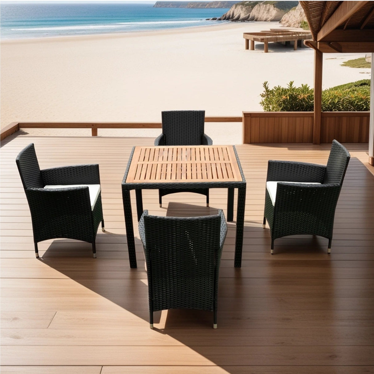 EELIFEE 5-Piece Outdoor Patio Wicker Dining Set with Acacia Wood Top