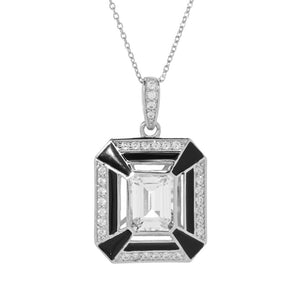 18K Gold Plated 3.64ctw White Topaz, White Zircon & Enamel Art Deco Pendant