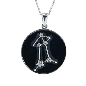 Sterling Silver Choice of Zodiac White Zircon & Black Enamel Pendant w/ Chain