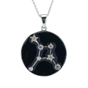 Sterling Silver Choice of Zodiac White Zircon & Black Enamel Pendant w/ Chain