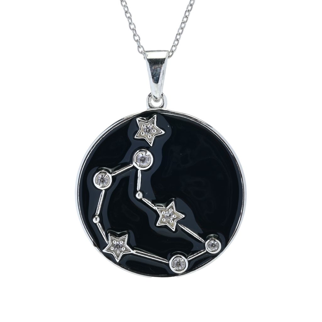 Sterling Silver Choice of Zodiac White Zircon & Black Enamel Pendant w/ Chain