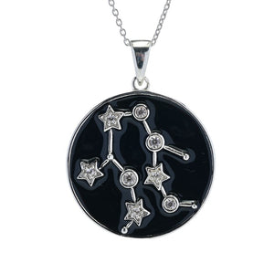 Sterling Silver Choice of Zodiac White Zircon & Black Enamel Pendant w/ Chain