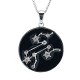 Sterling Silver Choice of Zodiac White Zircon & Black Enamel Pendant w/ Chain