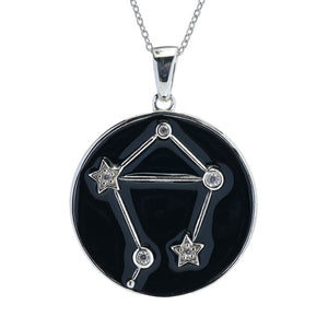 Sterling Silver Choice of Zodiac White Zircon & Black Enamel Pendant w/ Chain