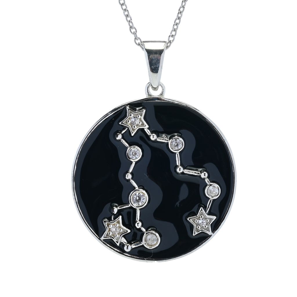 Sterling Silver Choice of Zodiac White Zircon & Black Enamel Pendant w/ Chain