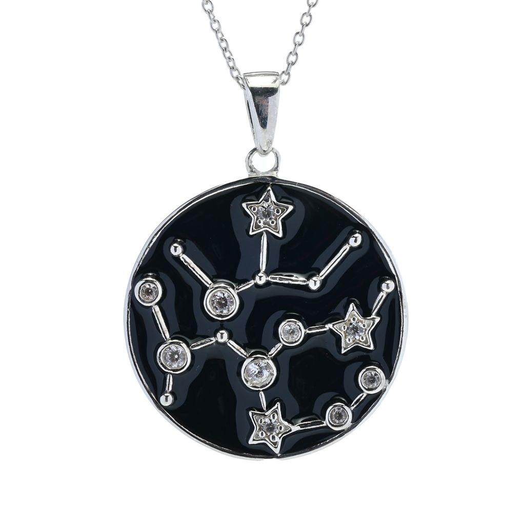 Sterling Silver Choice of Zodiac White Zircon & Black Enamel Pendant w/ Chain