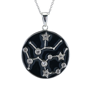 Sterling Silver Choice of Zodiac White Zircon & Black Enamel Pendant w/ Chain