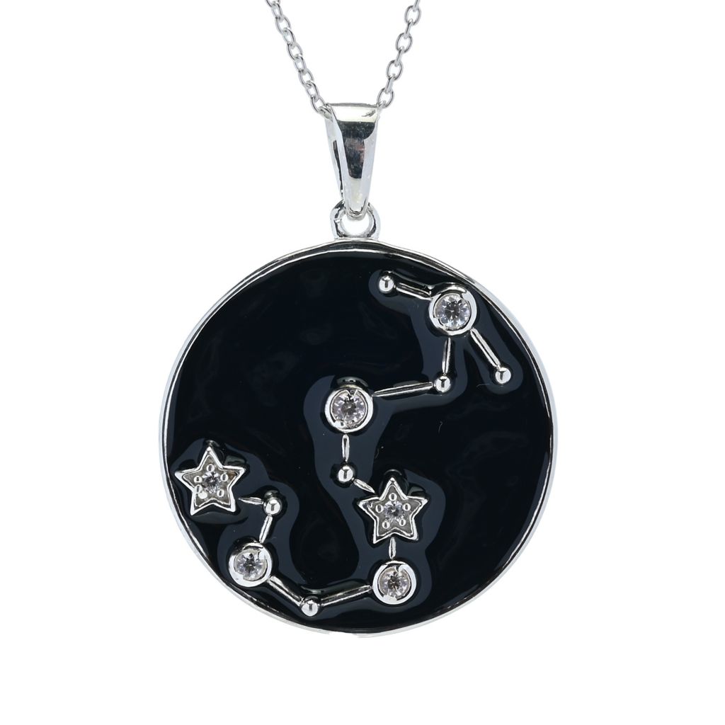 Sterling Silver Choice of Zodiac White Zircon & Black Enamel Pendant w/ Chain