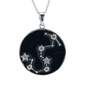 Sterling Silver Choice of Zodiac White Zircon & Black Enamel Pendant w/ Chain
