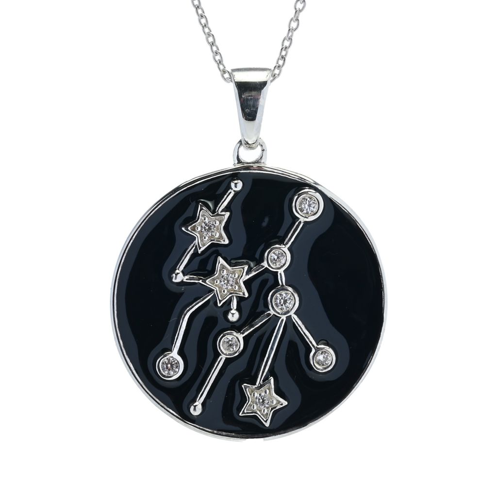 Sterling Silver Choice of Zodiac White Zircon & Black Enamel Pendant w/ Chain