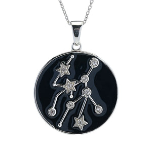 Sterling Silver Choice of Zodiac White Zircon & Black Enamel Pendant w/ Chain