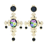 Graziella 23K Gold Plated Carved Resin & Black Onyx Cross Earrings