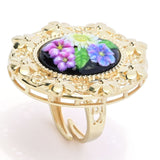 Graziella 23K Gold Plated Painted Floral Carved Resin Flower Ring