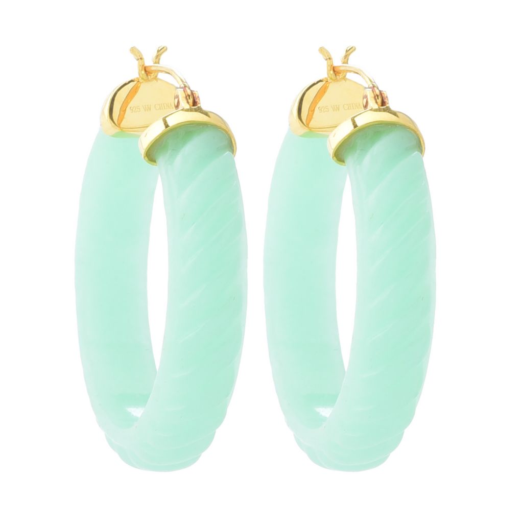Far East Jewelry 14K Gold Plated 38x8mm Carved Jade 1.5" Hoop Earrings