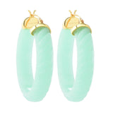 Far East Jewelry 14K Gold Plated 38x8mm Carved Jade 1.5" Hoop Earrings