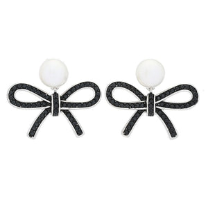 18K Gold Plated "Hollywood" Cultured Pearl & Black Spinel Bow Drop Earrings