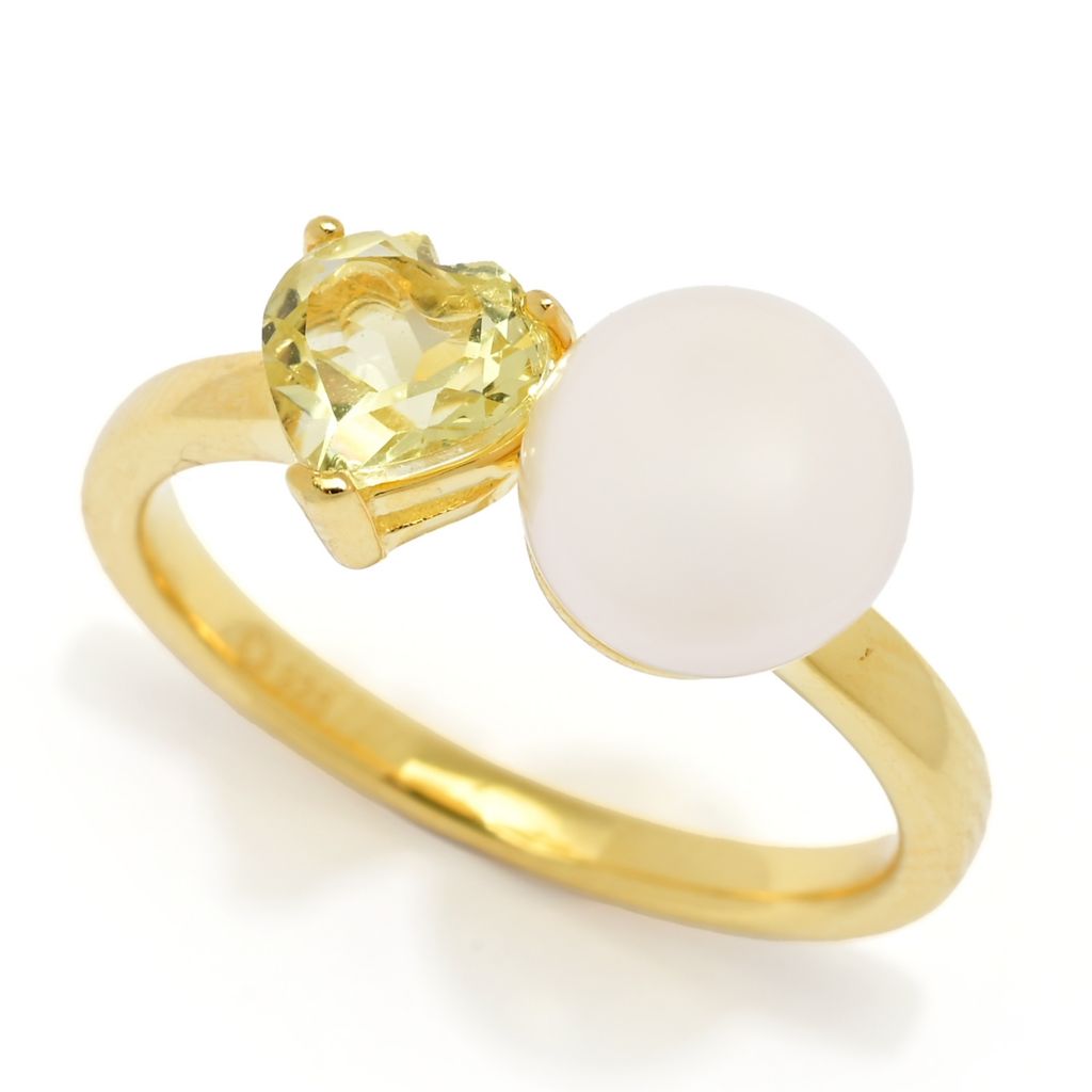 18K Gold Plated "Hollywood" Cultured Pearl & Heart Shape Gem "Toi et Moi" Ring
