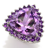 Platinum Plated "Hollywood" 17.92ctw Trillion Shape Brazilian Amethyst Halo Ring
