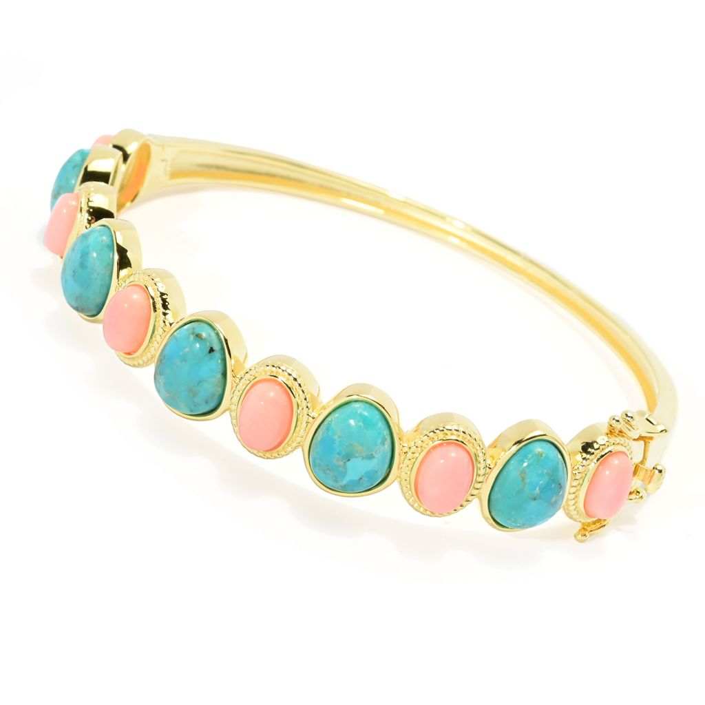 Elemental Gems Salmon Coral & Blue Mohave Turquoise Hinged Bangle Bracelet