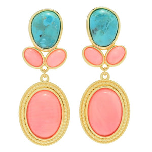 Elemental Gems 14x10mm Salmon Coral & Blue Mohave Turquoise Drop Earrings